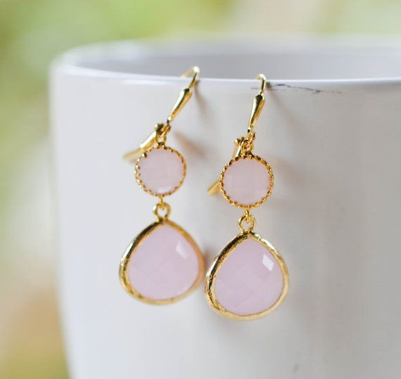 Hochzeit - Soft Pink Bridesmaid Jewel Earrings in Gold.  Wedding Jewelry.  Bridesmaid Jewelry. Gift. Wedding Gift.  Drop Earrings. Dangle Earrings.