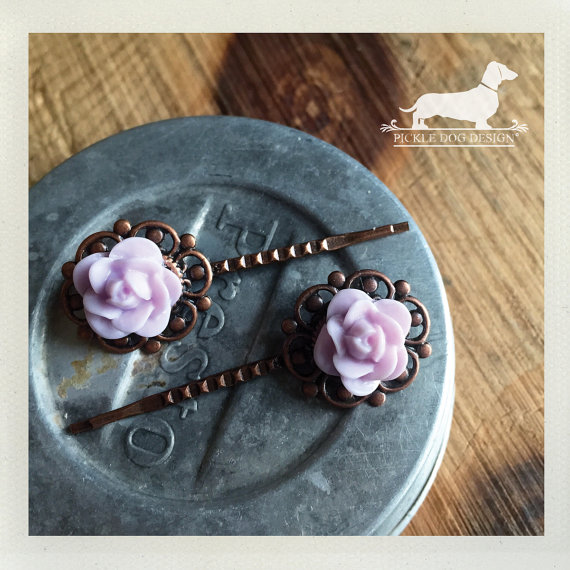 زفاف - CLEARANCE! Lavender Rosebud. Flower Hairpins (Set of 2) -- (Purple, Brown, Cute Hair Clip, Bridesmaid Hair Accessory, Autumn, Vintage-Style)