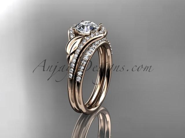 زفاف - 14kt rose gold diamond leaf wedding set, engagement set with a "Forever Brilliant" Moissanite center stone ADLR334