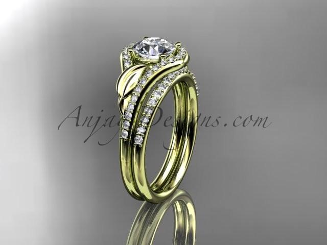 زفاف - 14kt yellow gold diamond leaf wedding set, engagement set with a "Forever Brilliant" Moissanite center stone ADLR334