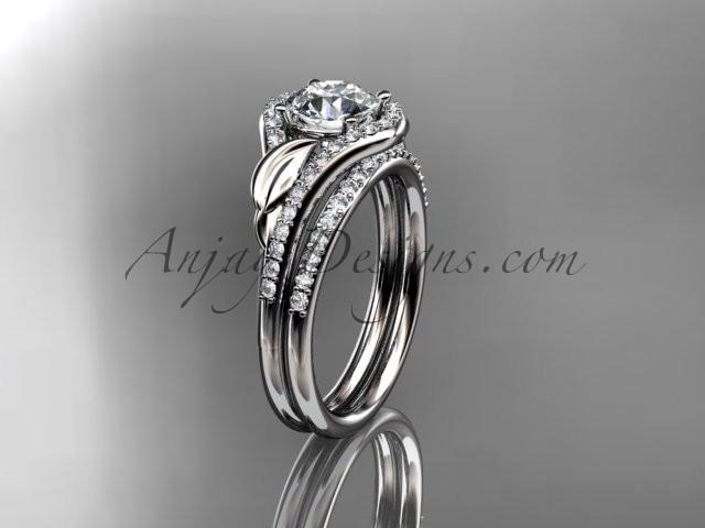 زفاف - Platinum diamond leaf wedding set, engagement set with a "Forever Brilliant" Moissanite center stone ADLR334