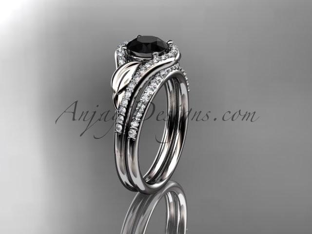 Wedding - Platinum diamond leaf wedding set, engagement set with a Black Diamond center stone ADLR334