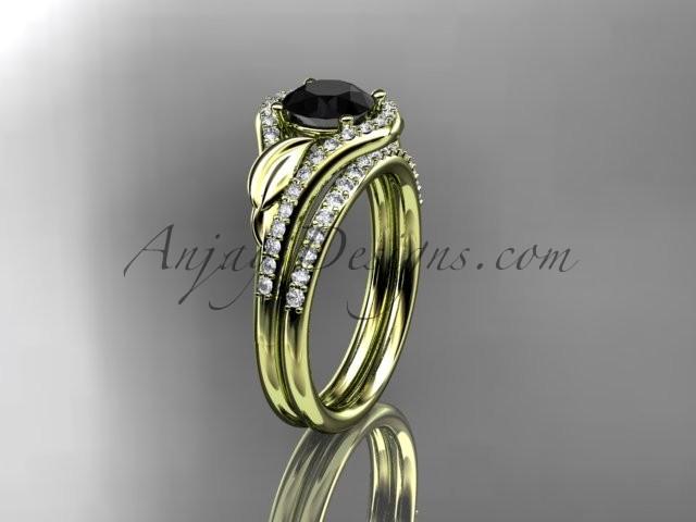 زفاف - 14kt yellow gold diamond leaf wedding set, engagement set with a Black Diamond center stone ADLR334