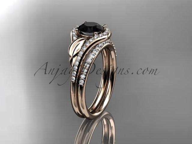 Wedding - 14kt rose gold diamond leaf wedding set, engagement set with a Black Diamond center stone ADLR334