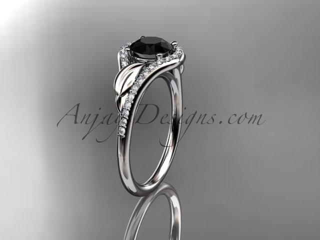 زفاف - 14kt white gold diamond leaf wedding ring, engagement ring with a Black Diamond center stone ADLR334
