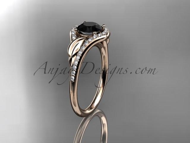 زفاف - 14kt rose gold diamond leaf wedding ring, engagement ring with a Black Diamond center stone ADLR334