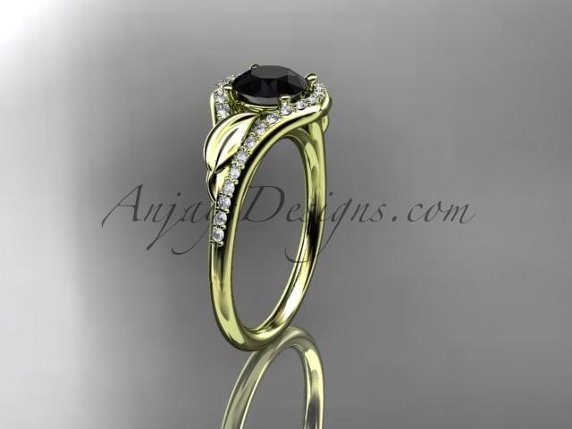 زفاف - 14kt yellow gold diamond leaf wedding ring, engagement ring with a Black Diamond center stone ADLR334