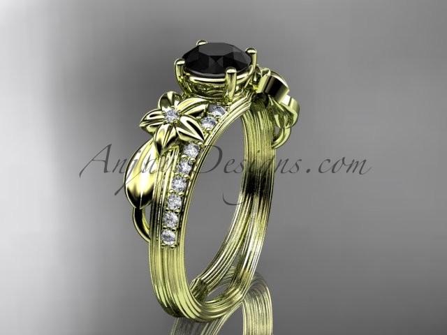 زفاف - 14kt yellow gold diamond leaf and vine wedding ring, engagement ring with a Black Diamond center stone ADLR331