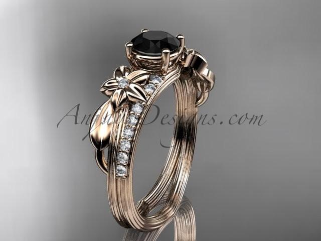 Wedding - 14kt rose gold diamond leaf and vine wedding ring, engagement ring with a Black Diamond center stone ADLR331