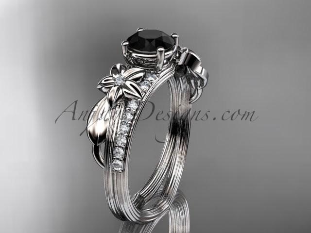 زفاف - 14kt white gold diamond leaf and vine wedding ring, engagement ring with a Black Diamond center stone ADLR331