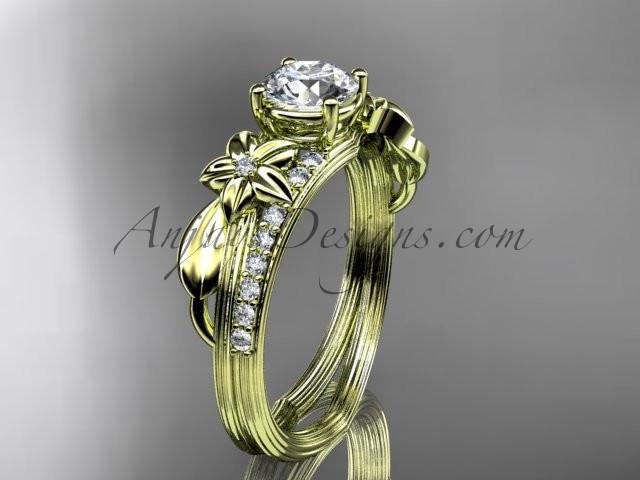 زفاف - 14kt yellow gold diamond leaf and vine wedding ring, engagement ring with a "Forever Brilliant" Moissanite center stone ADLR331