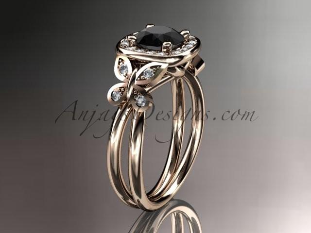 زفاف - 14kt rose gold diamond unique butterfly engagement ring, wedding ring with a Black Diamond center stone ADLR330