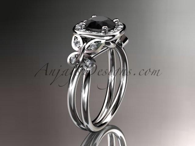زفاف - 14kt white gold diamond unique butterfly engagement ring, wedding ring with a Black Diamond center stone ADLR330