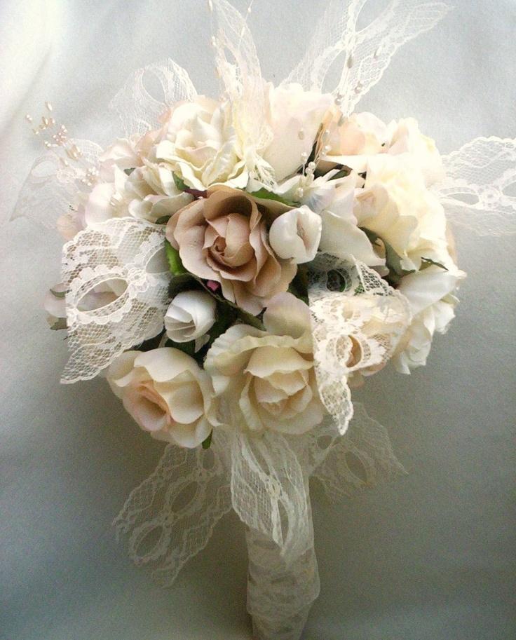 Hochzeit - Vintage Bouquet Shabby Chic Wedding Ivory Lace Pearls Ready Ship