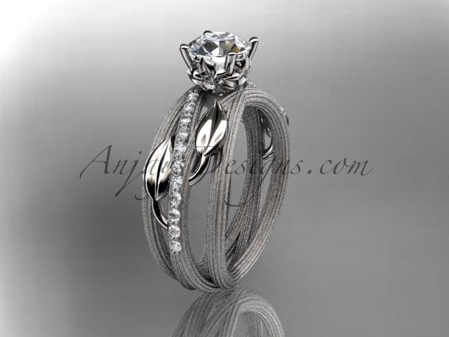 زفاف - 14kt white gold diamond leaf and vine wedding ring, engagement ring a "Forever Brilliant" Moissanite center stone ADLR329