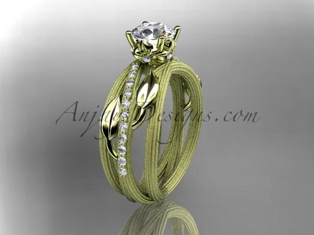 زفاف - 14kt yellow gold diamond leaf and vine wedding ring,engagement ring with a "Forever Brilliant" Moissanite center stone ADLR329