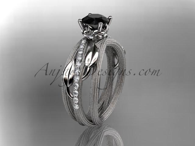 زفاف - Platinum diamond leaf and vine wedding ring, engagement ring with a Black Diamond center stone ADLR329