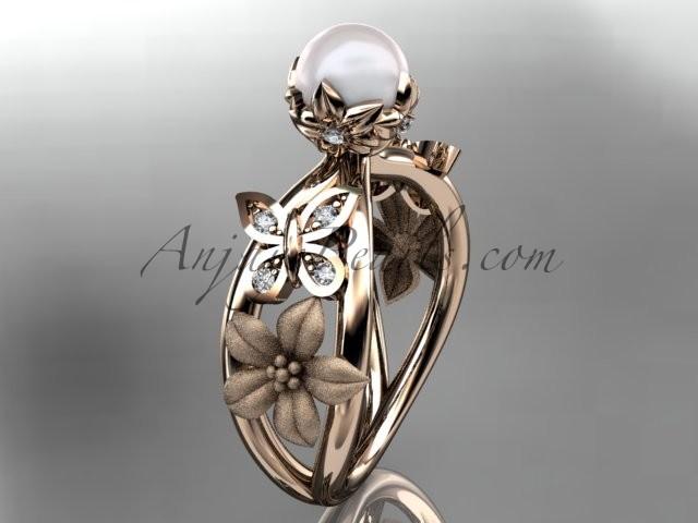 Hochzeit - 14kt rose gold diamond pearl unique engagement ring, wedding ring AP171