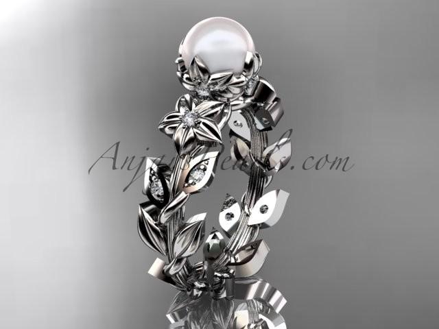 زفاف - 14kt white gold diamond pearl unique engagement ring, wedding ring AP215