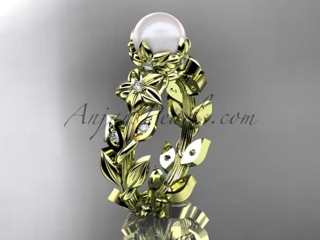 Свадьба - 14kt yellow gold diamond pearl unique engagement ring, wedding ring AP215
