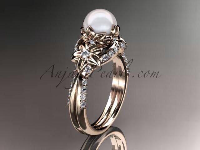 Mariage - 14kt rose gold diamond pearl unique engagement ring, wedding ring AP220