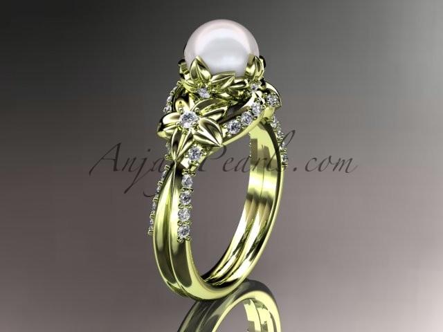 Свадьба - 14kt yellow gold diamond pearl unique engagement ring, wedding ring AP220