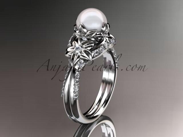 Wedding - platinum diamond pearl unique engagement ring, wedding ring AP220