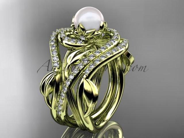 زفاف - 14kt yellow gold diamond pearl unique engagement ring with double matching band AP222S