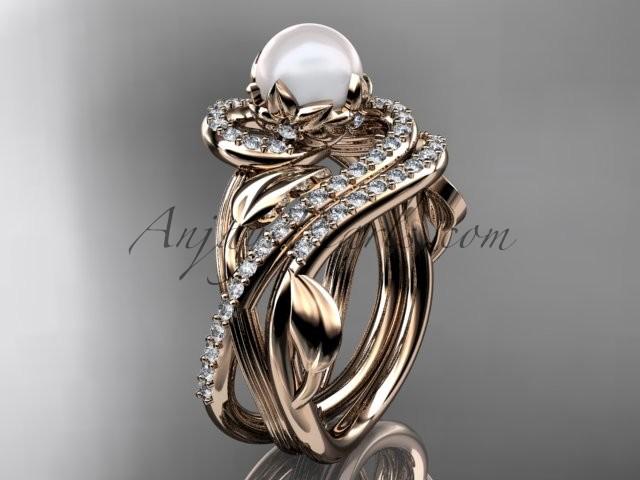 Свадьба - 14kt rose gold diamond pearl unique engagement set AP222S