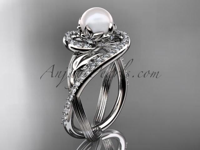 Hochzeit - Platinum diamond pearl unique engagement ring AP222