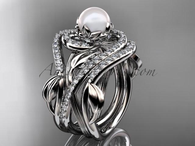 زفاف - Platinum diamond pearl unique engagement ring with double matching band AP222S