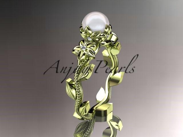 Свадьба - Unique 14kt yellow gold diamond floral pearl engagement ring AP223