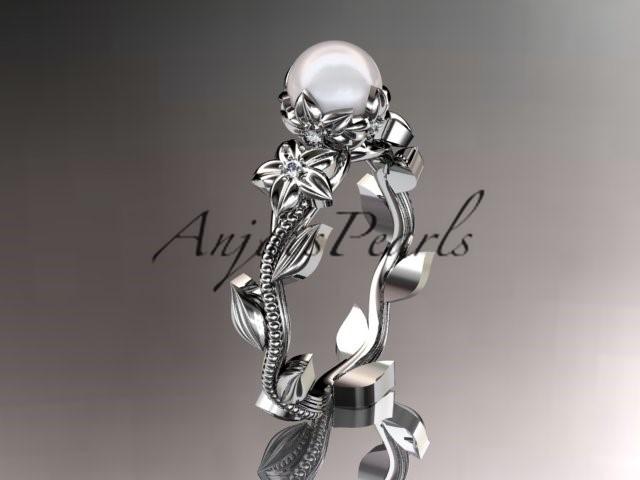زفاف - Unique platinum diamond floral pearl engagement ring AP223