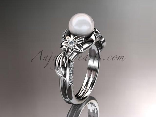 Hochzeit - Platinum diamond pearl unique engagement ring AP224