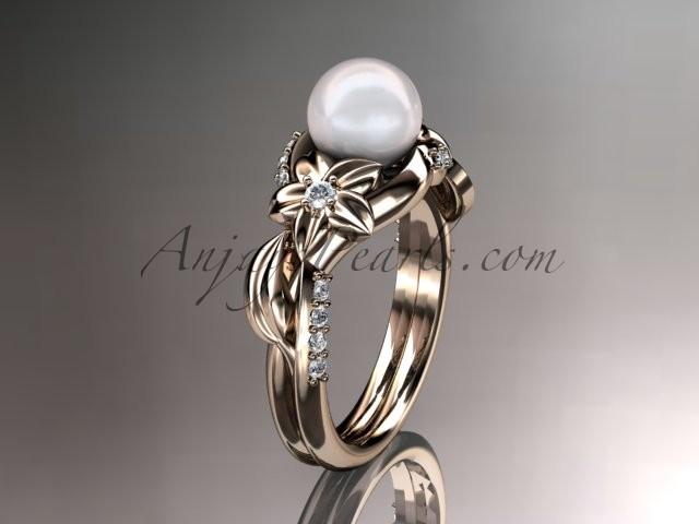 Mariage - 14kt rose gold diamond pearl unique engagement ring AP224