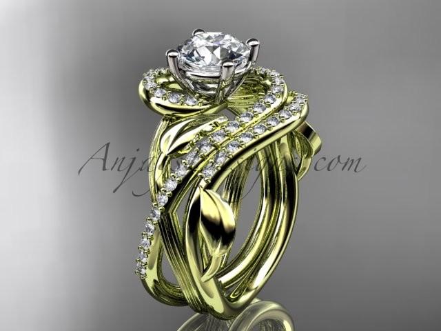 Wedding - Unique 14kt yellow gold diamond leaf and vine wedding set, engagement set with a "Forever Brilliant" Moissanite center stone ADLR222