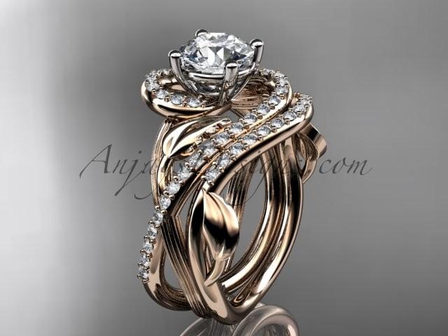 Hochzeit - Unique 14kt rose gold diamond leaf and vine wedding set, engagement set ADLR222
