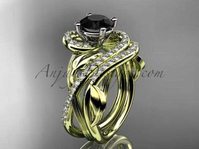 Свадьба - Unique 14kt yellow gold diamond leaf and vine wedding set, engagement set with a Black Diamond center stone ADLR222