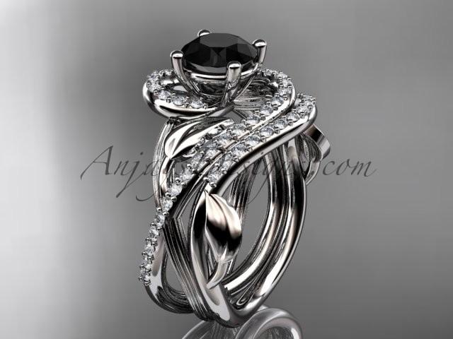 زفاف - Unique 14kt white gold diamond leaf and vine wedding set, engagement set with a Black Diamond center stone ADLR222
