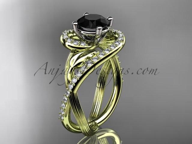 زفاف - Unique 14kt yellow gold diamond leaf and vine wedding ring, engagement ring with a Black Diamond center stone ADLR222
