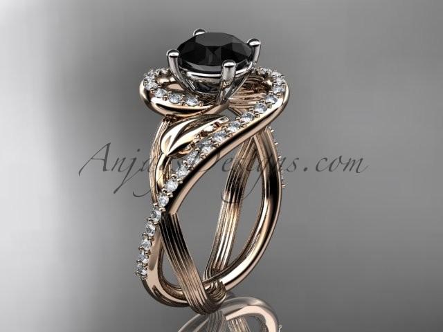 Wedding - Unique 14kt rose gold diamond leaf and vine wedding ring, engagement ring with a Black Diamond center stone ADLR222