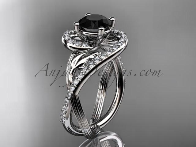 Wedding - Unique 14kt white gold diamond leaf and vine wedding ring, engagement ring with a Black Diamond center stone ADLR222