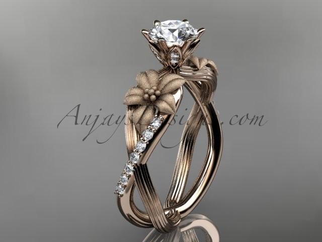 زفاف - Unique 14kt rose gold diamond flower, leaf and vine wedding ring, engagement ring with a "Forever Brilliant" Moissanite center stone ADLR221