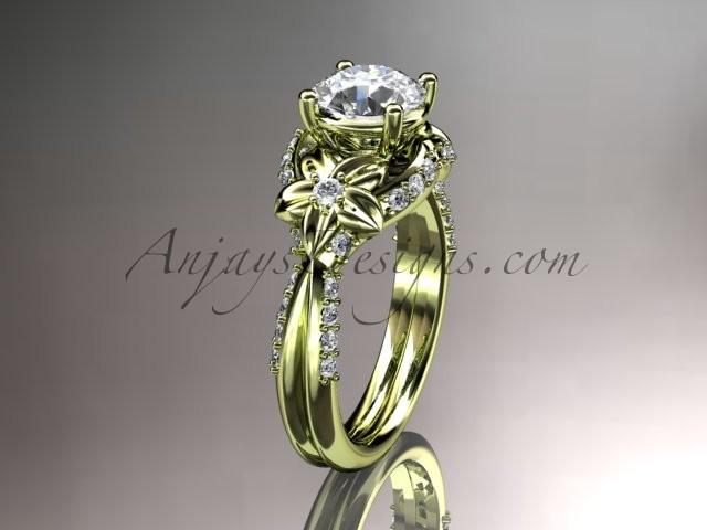 زفاف - Unique 14kt yellow gold diamond flower, leaf and vine wedding ring, engagement ring ADLR220