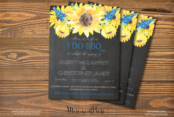 Свадьба - Sunflower I Do BBQ Invitation Chalkboard Watercolor Sunflower Invitation Calligraphy Wedding Invitation, Yellow, Blue - Sunflower Collection