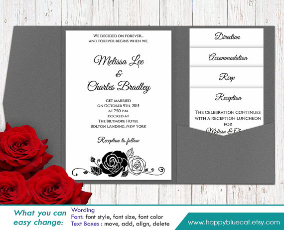 Hochzeit - DiY Printable Pocket Wedding Invitation Template SET- Instant Download -EDITABLE TEXT- Black White Roses Flowers - Microsoft® Word Format 43