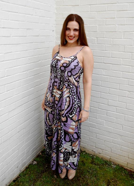 Mariage - VIntage 1970s Mr. JAC MARTIN MARKS purple, brown, beige, and white retro floral print nylon spaghetti-strap maxi slit, one size fit most
