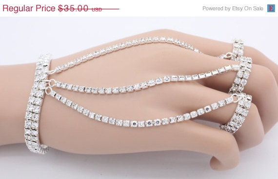 Wedding - ON SALE Simple Stretchy One Size Gold Silver Diamante Stone Hand Chain Hand Panja Hand Piece Ring Bracelet chain Holiday Jewelry Bridal Wedd