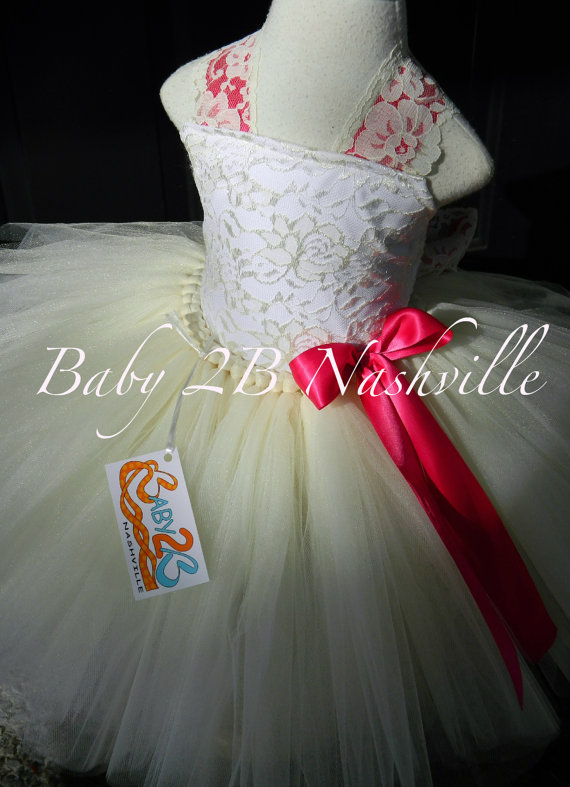 Hochzeit - Vintage Ivory Lace Flower Girl Dress, Wedding Flower Girl  Dress Fuchsia Accent  Lace Tutu Dress Flower Girl Tutu Dress All Sizes Girls