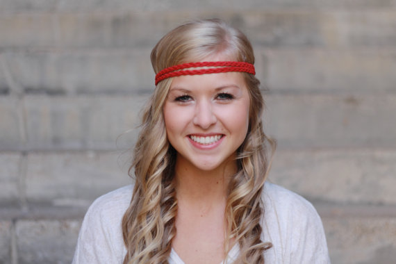 Wedding - Ruby Red Double Strand Braided Leather Headband
